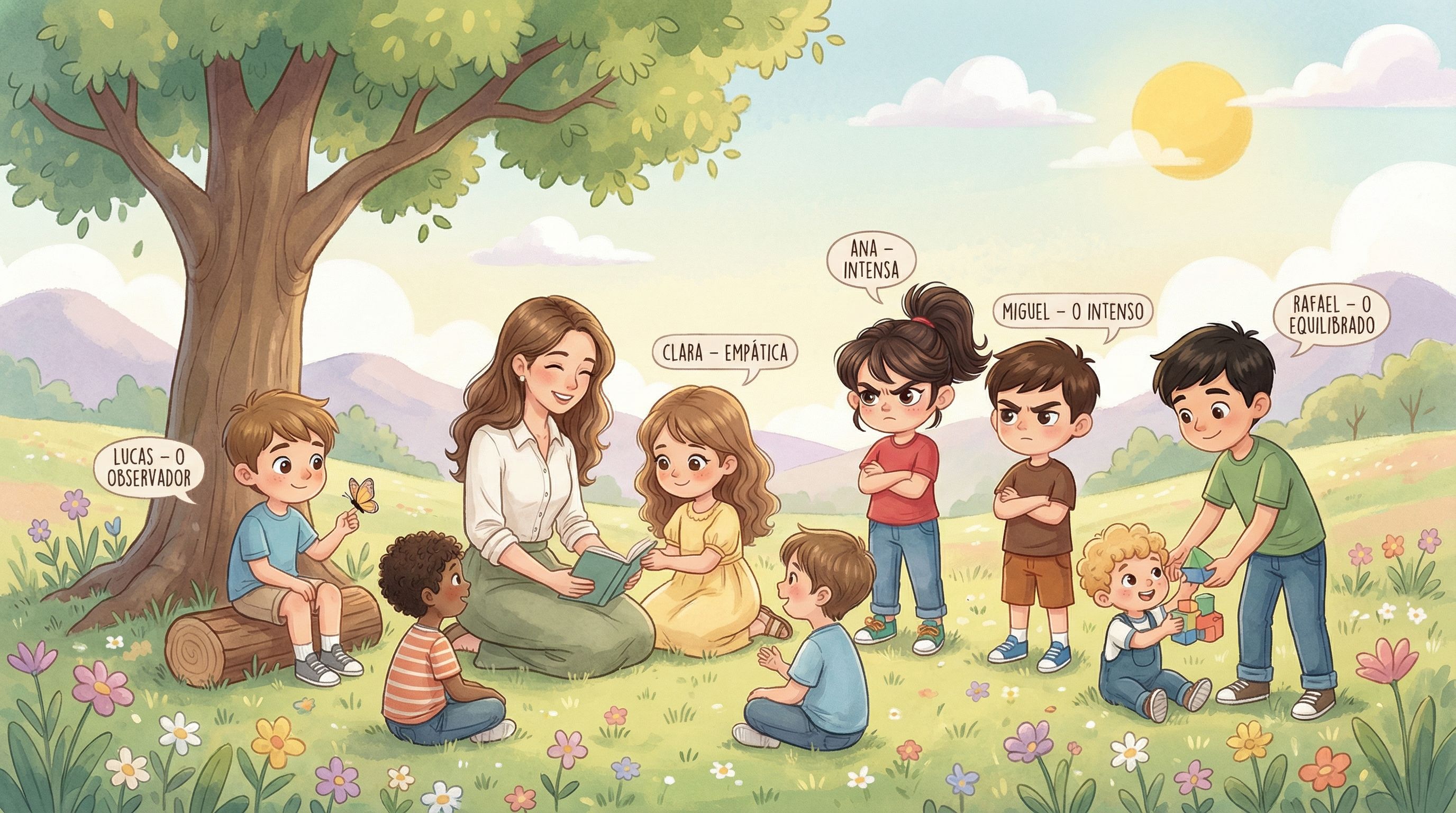 Personagens da Turminha da Luz - Lucas, Clara, Ana, Miguel e Rafael juntos em uma aventura